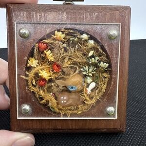 Vtg Shadow Box Deer Mushroom Foliage 3"x3" Wall Hanging Diorama 70s Mini Flowers